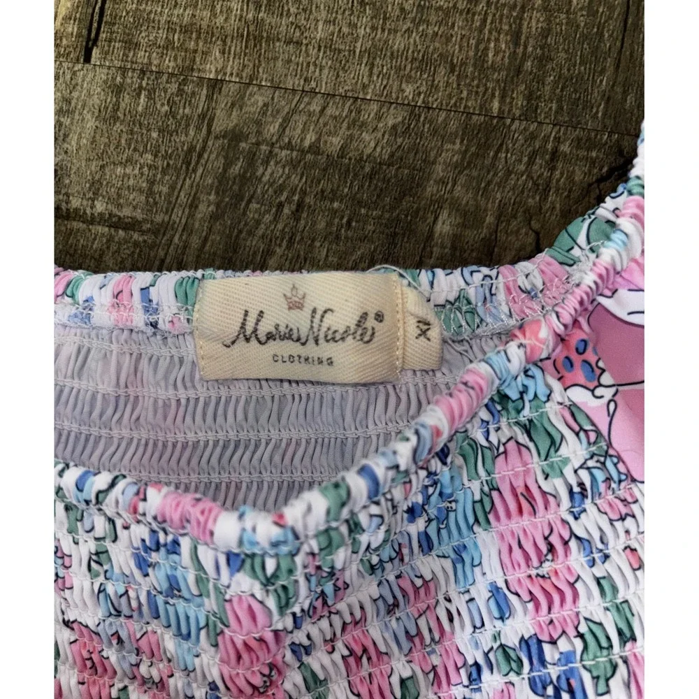 Marie Nicole Clothing Girls Floral Smocked Puff Sleeve Dress Pink Blue‎ XL